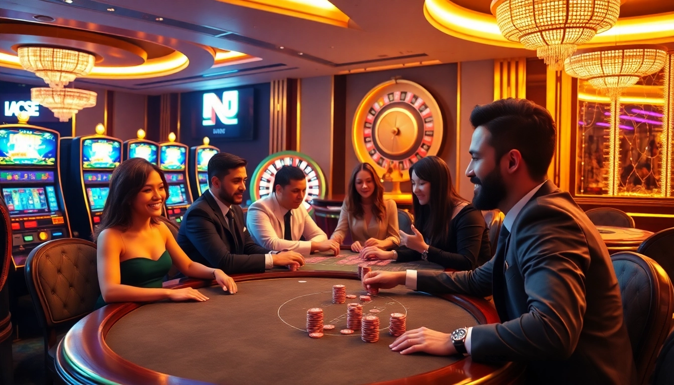 An exhilarating casino scene featuring players at tables and vibrant slot machines, highlighting https://nohu90vn.net/ online gaming excitement.