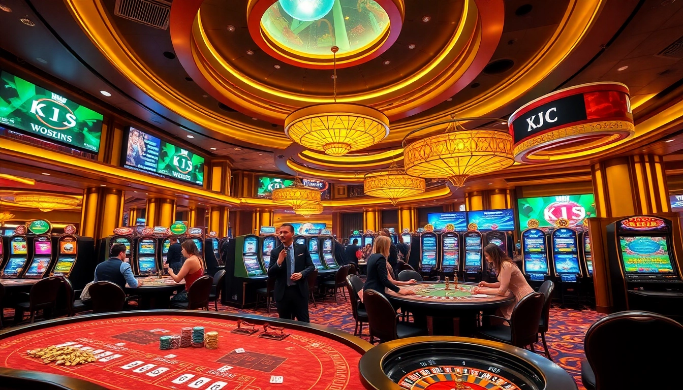 KJC-themed casino scene with players at poker tables and vibrant slot machines.