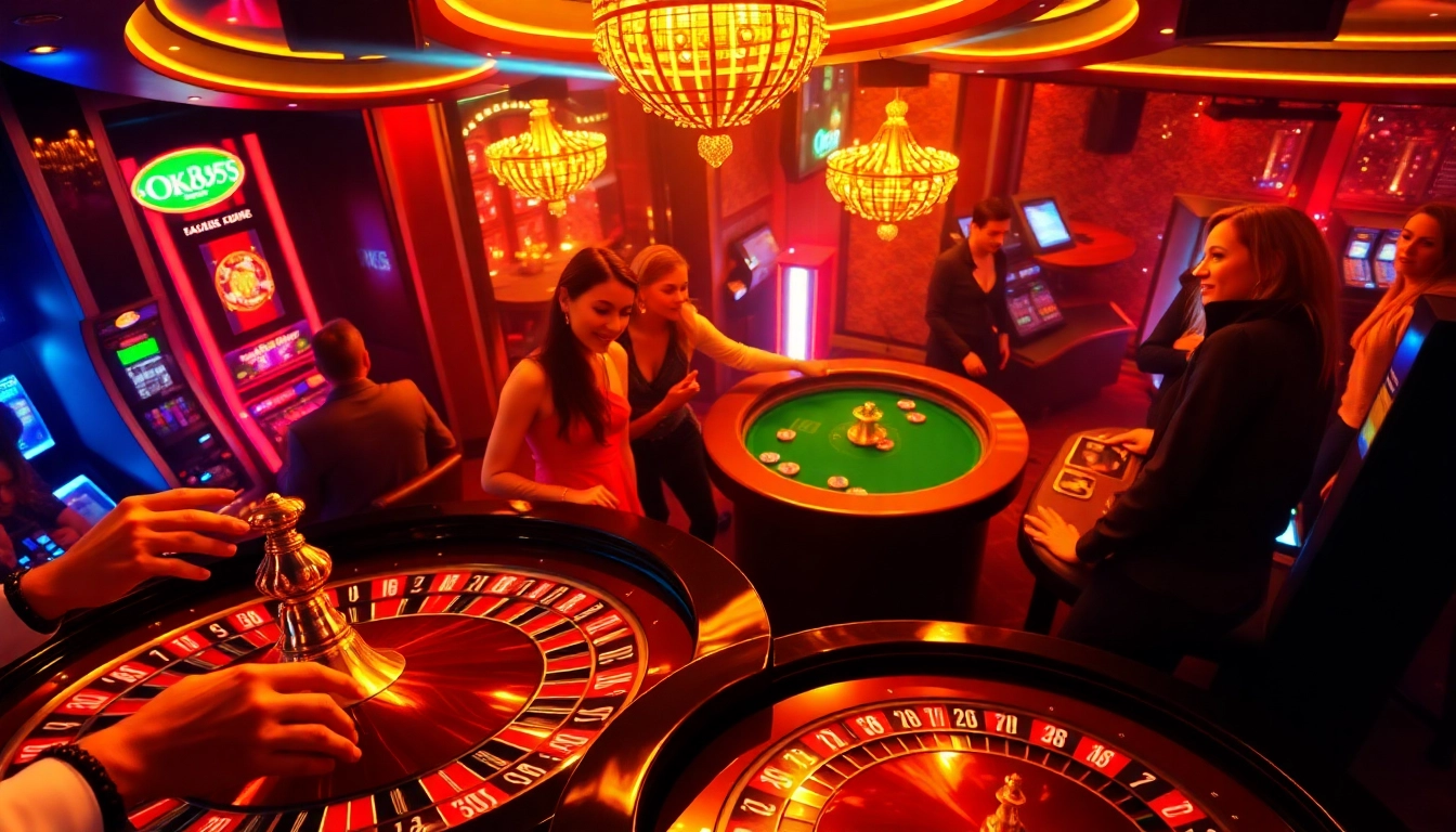 Experience the thrill of OK365 bet with players at a vibrant casino table in a luxurious setting.