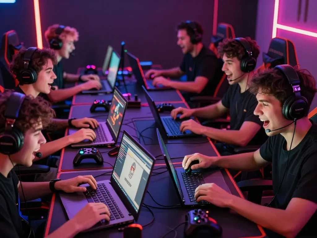 Engaged players enjoying rik vip games on their devices in a lively gaming setup.