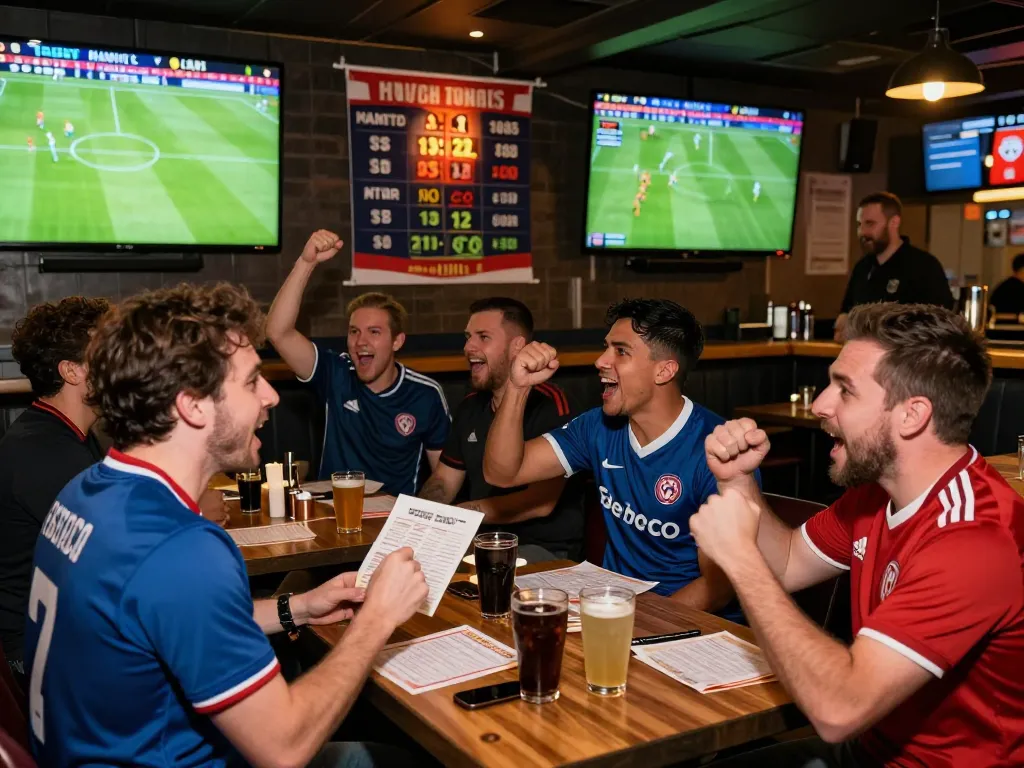 Exciting 1gom sports betting scene in a lively bar with fans cheering