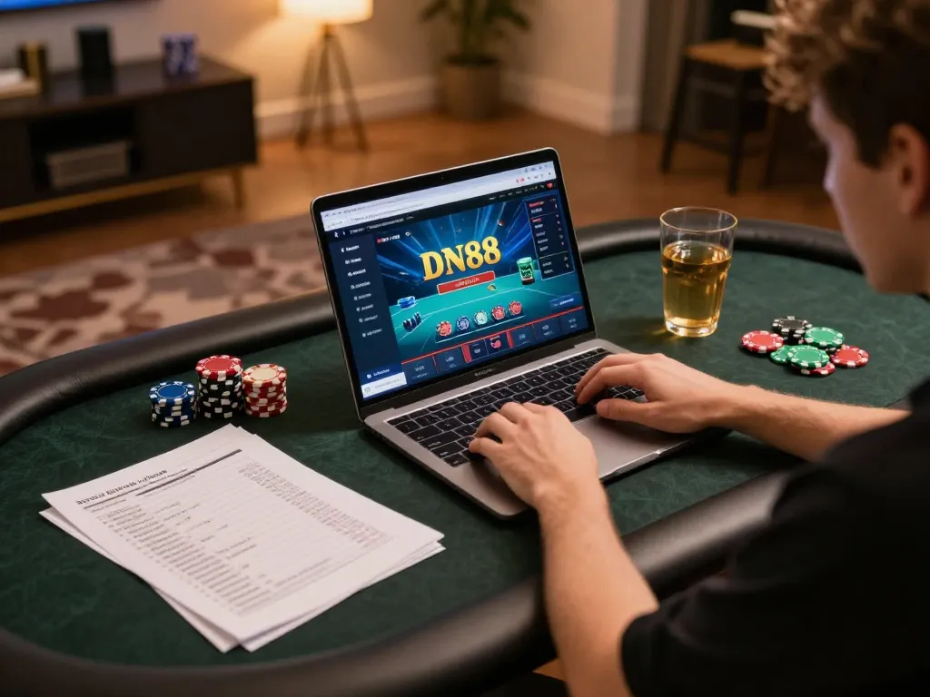 Player engaging on dn88 trang chủ via laptop in a well-lit cozy home setting, highlighting online gambling experience.