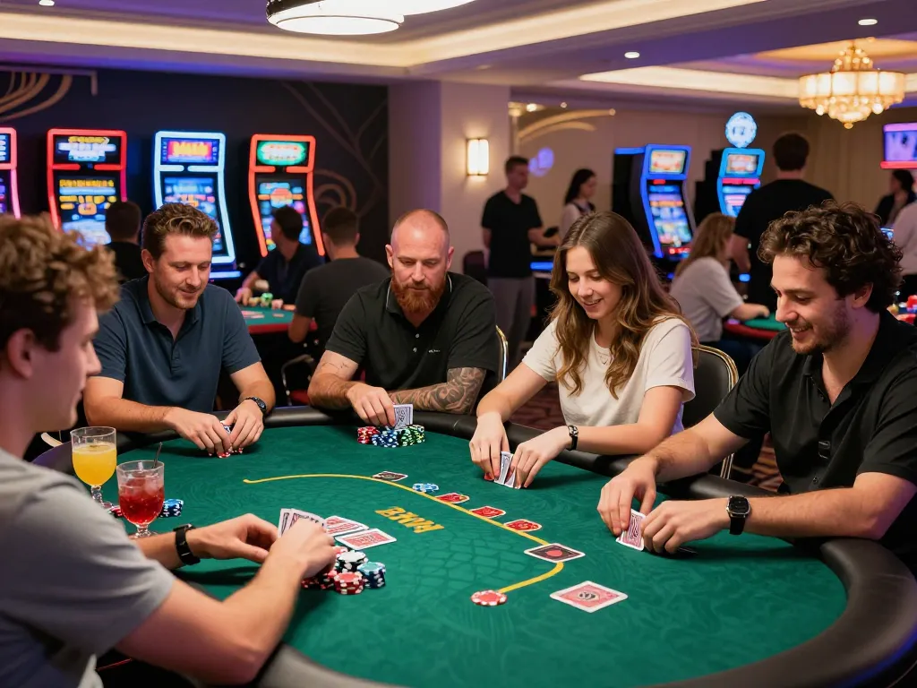 Dynamic gaming atmosphere at casino 33win with players enjoying poker and vibrant decor.