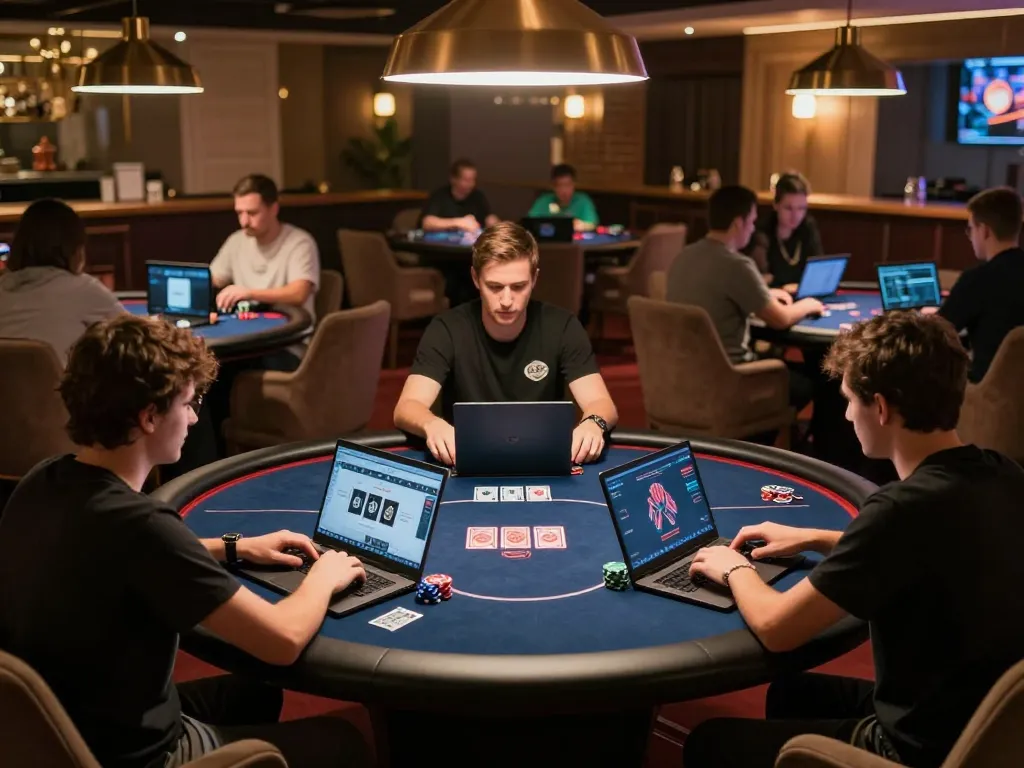 VA88 players strategizing during an intense online poker game, showcasing digital gameplay and competitive atmosphere