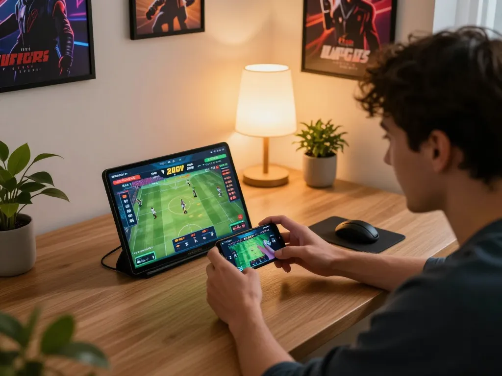 Player engaging in mobile sports betting on cwin, showcasing excitement and responsible gaming in a cozy setting.