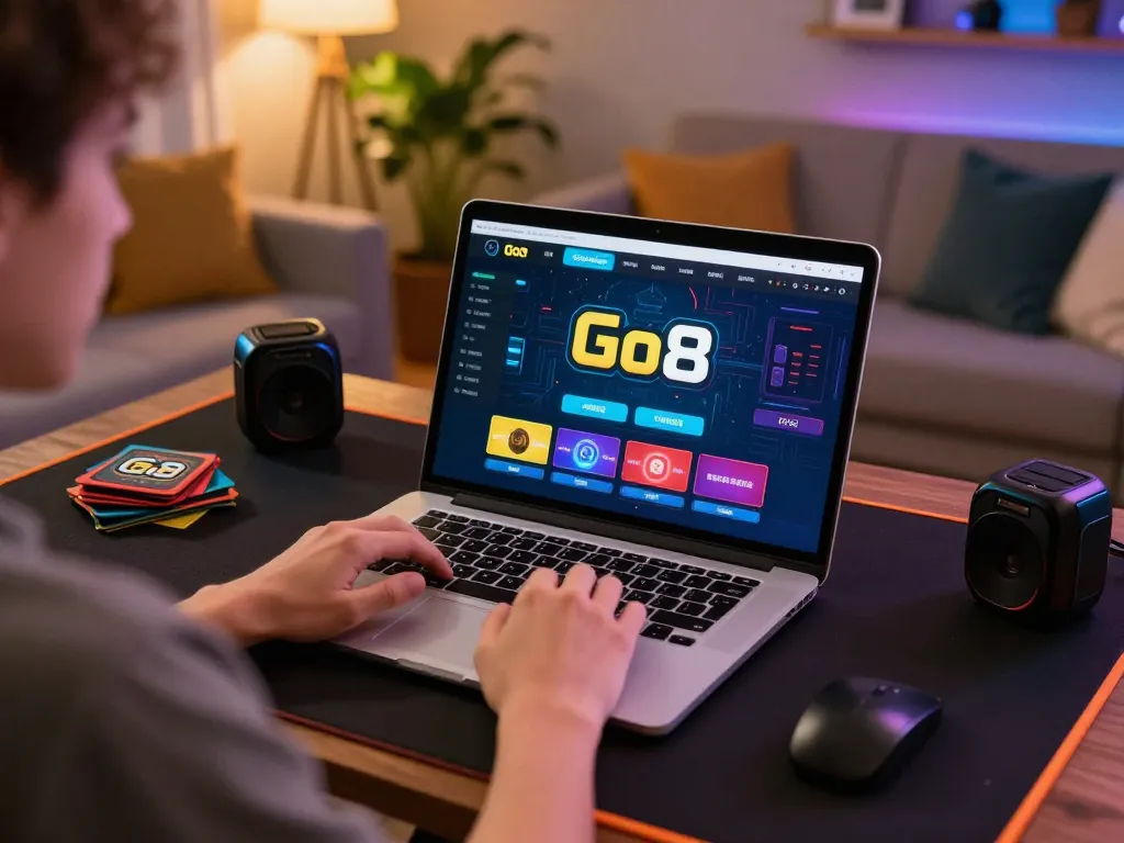 Engaging gameplay on Go8 gaming platform from a cozy home setup with a laptop.
