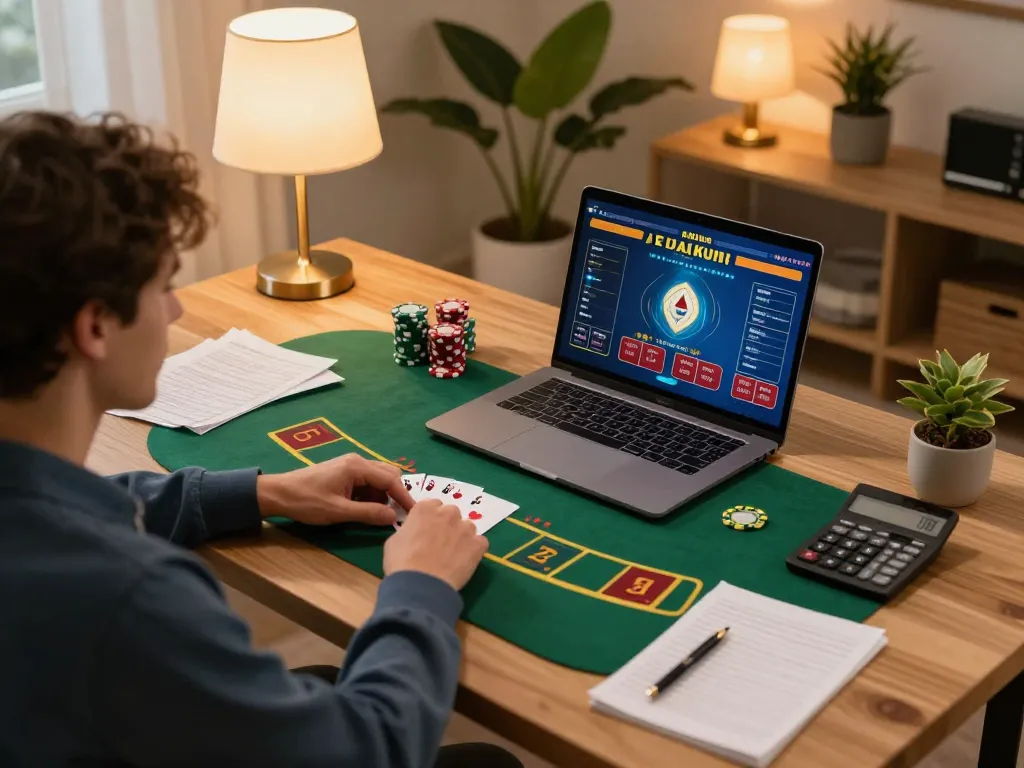 Engaging in online poker gaming at home with alo88, showcasing strategy notes and a laptop interface.