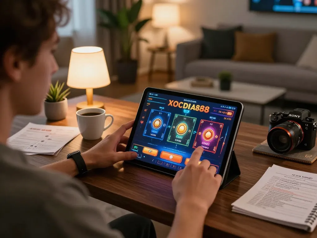 Engaging with XOCDIA88 interface on a tablet in a cozy home setting, showcasing online gambling