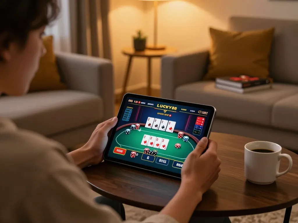 Player engaging in online poker at home while using LUCKY88 for a seamless gambling experience.
