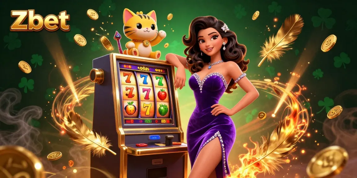 Experience the thrill of Zbet slots with a glamorous woman celebrating a jackpot amidst coins and lucky symbols.
