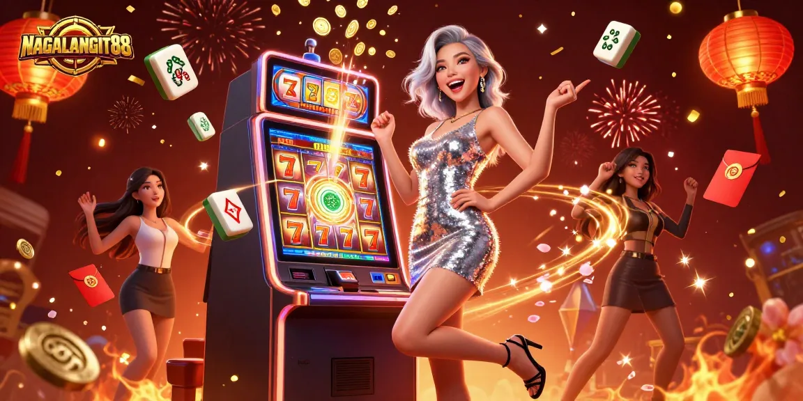 NAGALANGIT88 showcases a stunning Asian woman celebrating a jackpot win, surrounded by vibrant slot reels and festive elements