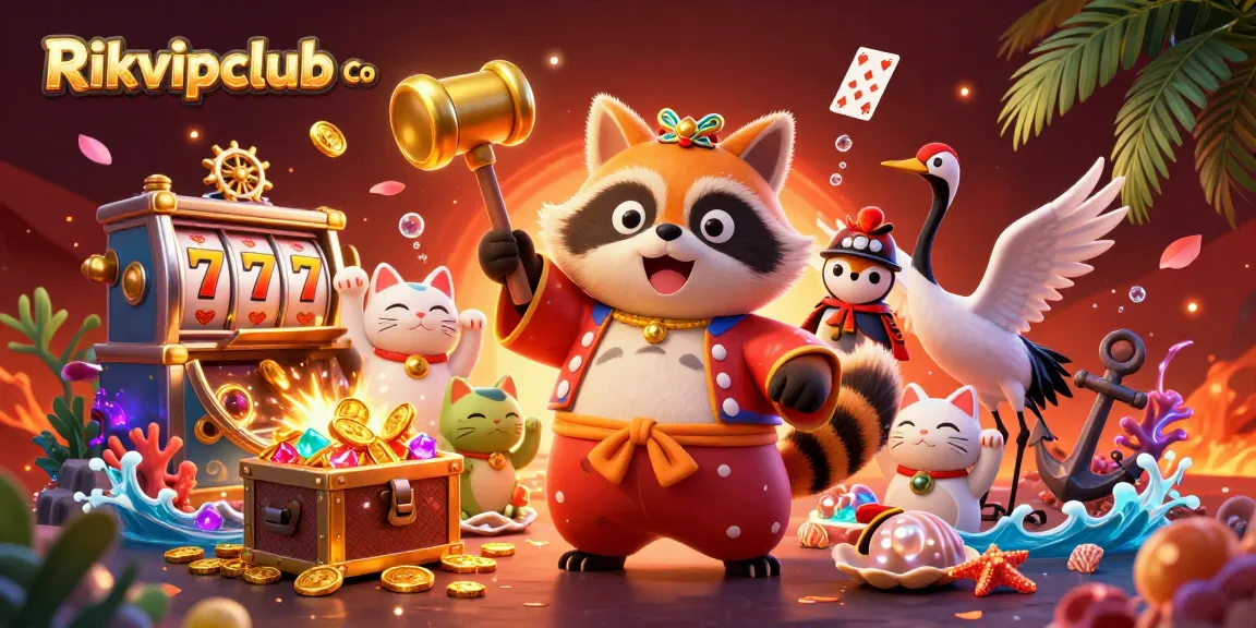 Engage at Rikvipclub Co with a vibrant, casino-themed illustration featuring cheerful characters and exciting game elements.