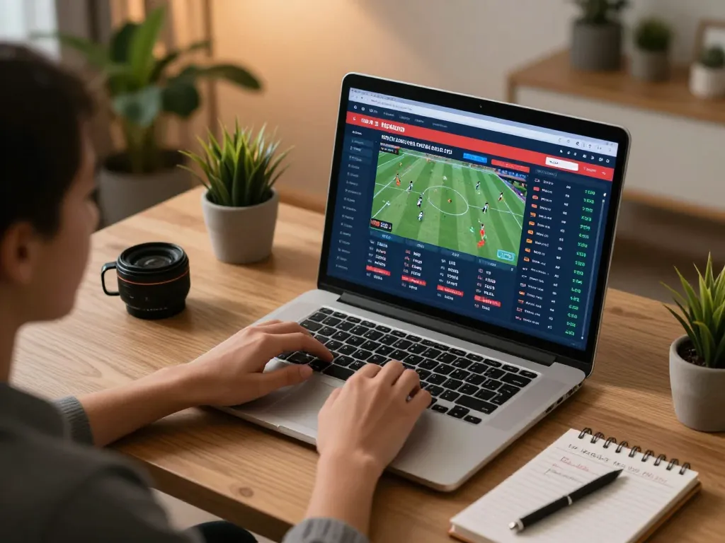 Person engaging in online sports betting on dh88 using a laptop, showcasing live odds and strategies.