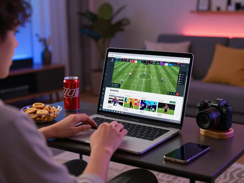 Stream live football matches on Socolive while enjoying a cozy home setting with a laptop and snacks.