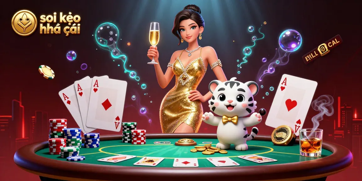 Engage with soi kèo nhà cái as glamorous woman celebrates winning bets with lucky tiger beside stacked poker chips.
