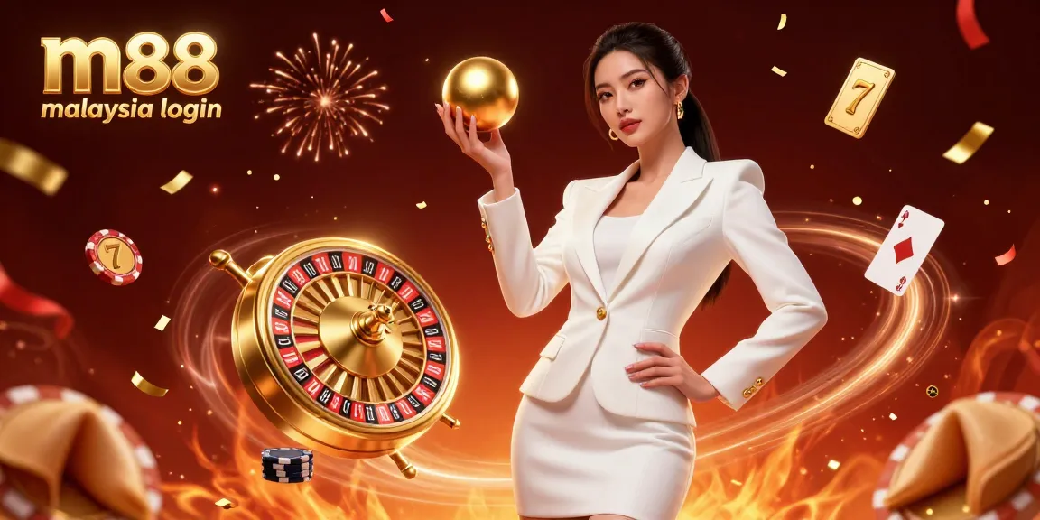 Engage with m88 malaysia login at a vibrant casino scene featuring a glamorous Asian woman holding a roulette ball.
