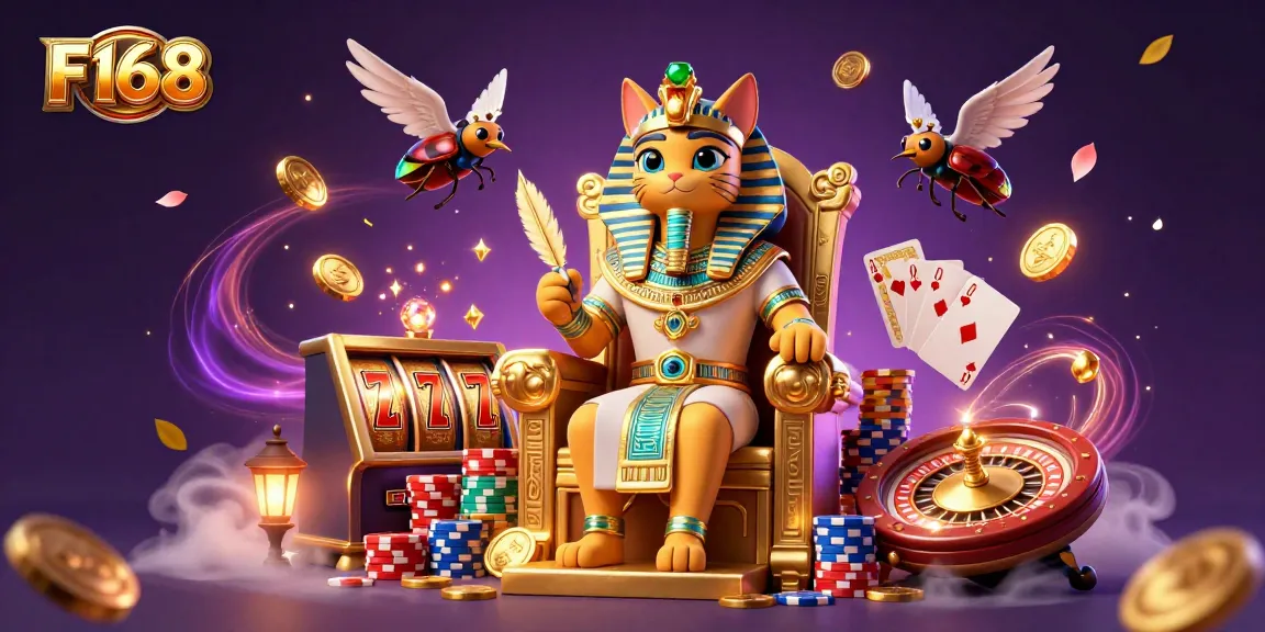 Experience exciting F168 casino action with a royal cat, gems, and dynamic game elements.