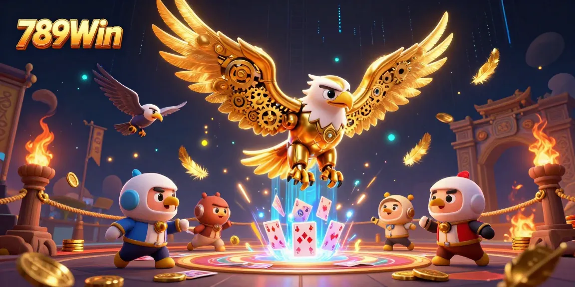 Experience thrilling gameplay with 789Win featuring a cybernetic eagle among holographic cards and rich casino elements.