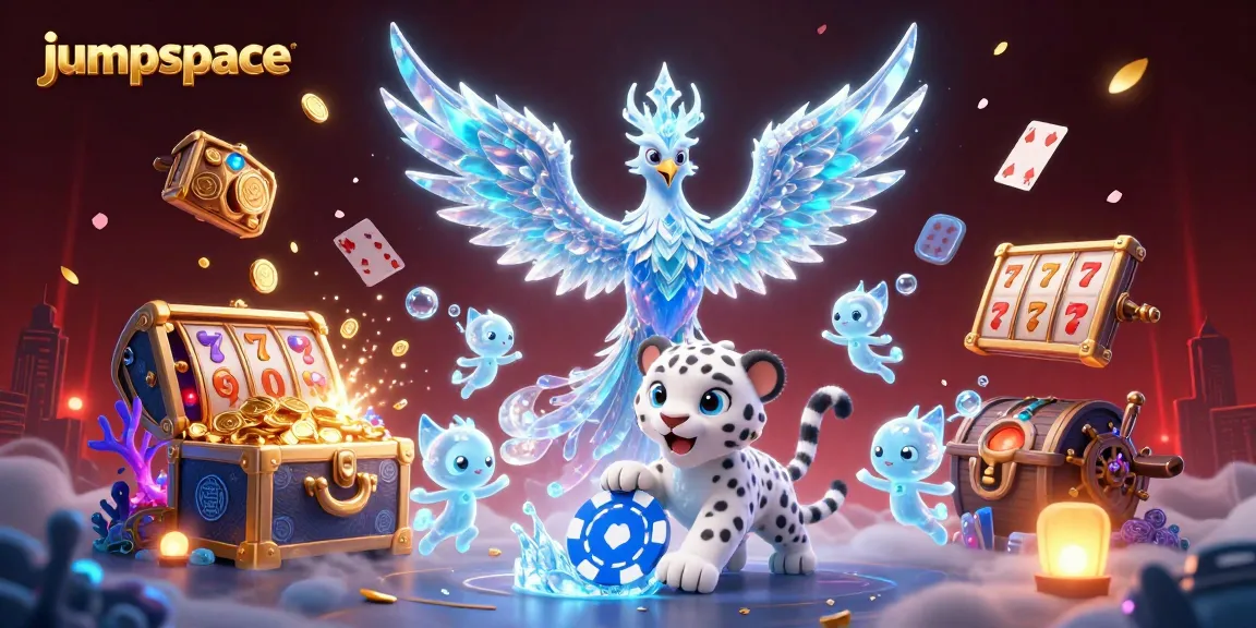Engage in thrilling gameplay at jumpspace with an immersive casino scene featuring an ice phoenix, poker chip, and vibrant slot elements.