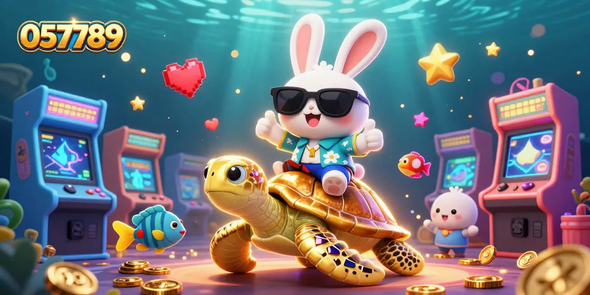 Win big at 057789 with a colorful 3D rabbit riding a turtle surrounded by vibrant casino elements.