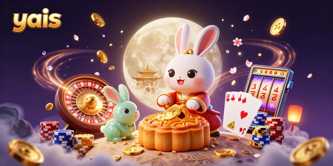 Win at yais with a vibrant 3D casino scene featuring a lucky moon rabbit, cascading coins, and vibrant games.